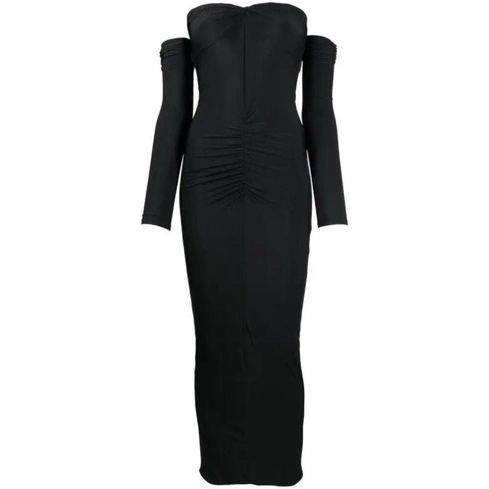 Fleur du Mal Black Off-Shoulder Long Sleeve Ruched Midi Dress